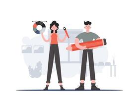 A man and a woman stand in full growth and hold a pen tool. Design. Element for presentations, sites. vector