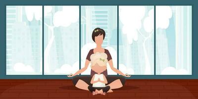 Mom and daughter do yoga together. Design in cartoon style. Vector. vector