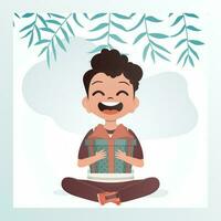 Happy child boy sits in a lotus position and holds a gift with a bow in his hands. Birthday, new year or holidays theme. Cartoon style. Vector illustration.