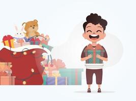 Smiling preschool boy standing and holding a box with a bow. New Year. Cartoon style. vector