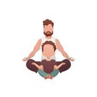 A robust man and a small boy sit in a lotus position. Isolated. Cartoon style. vector