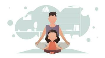 Dad and little daughter are sitting and doing yoga. Yoga. Cartoon style. vector