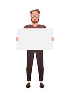A man stands in full growth and holds a blank sheet in his hands. Isolated. Cartoon style. vector