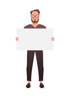 A man stands in full growth and holds a blank sheet in his hands. Isolated. Cartoon style. vector