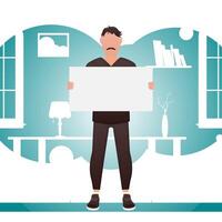 A guy of strong physique stands at full height and in his hands is an empty space for advertising. Place for your advertisement. Cartoon style. vector