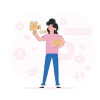 The girl holds a camera and a clapperboard in her hands. Blogging concept. Trendy vector