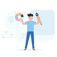 The guy is holding a graphic pen and a color wheel in his hands. Trend illustration. Good for apps, presentations and websites. Vector. vector