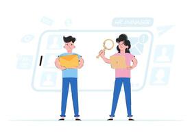 hombre y mujer humano recurso gerentes el concepto de hallazgo empleados. bueno para sitios web, aplicaciones y presentaciones vector