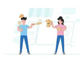 Boy and girl are cooking. The concept of service in a restaurant or cafe. Good for websites, apps and presentations. Trend vector illustration.