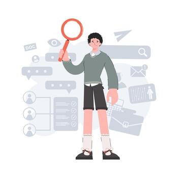 A young guy stands in full growth and holds a magnifying glass in his hands. HR. Element for presentations, websites. vector