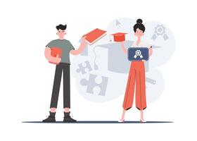 A man and a woman stand in full growth with a diploma. Education. Element for presentations, sites. vector