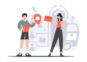 A man and a woman stand in full growth with a location mark and an envelope with a letter in their hands. Delivery. Element for presentations, sites. vector