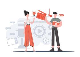 A man and a woman stand to their full height and hold a movie clapperboard and a movie screen. Idea. Element for presentations, sites. vector