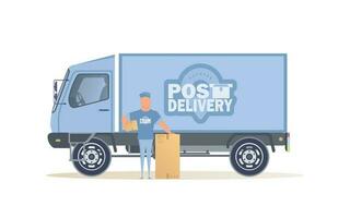 The postal courier is standing near yours. Cartoon style. Vector illustration. Isolated.