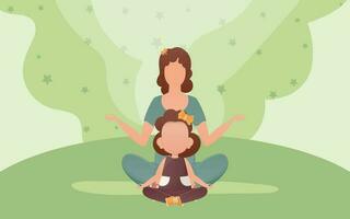 Mom and daughter do yoga in the lotus position. Cartoon style. Meditation and concentration concept. Vector. vector