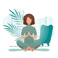 A woman sits in the lotus position. Healthy lifestyle concept. Cartoon style. vector