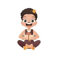 The Little Girl sits in a lotus position and holds a gift box in her hands. Isolated. Vector illustration.