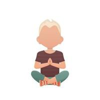 A little boy meditates in the lotus position. Isolated. Cartoon style. vector