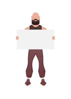 A man of athletic build stands in full growth and holds an empty banner in his hands. Isolated. Cartoon style. vector