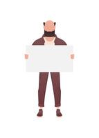 A guy of a strong physique in full growth and holds an empty banner in his hands. Isolated. Cartoon style. vector