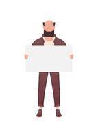 A guy of a strong physique in full growth and holds an empty banner in his hands. Isolated. Cartoon style. vector