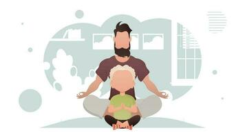 papá y hijo son sentado meditando en el loto posición. yoga. dibujos animados estilo. vector