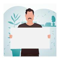 A guy with a strong physique holds an empty sign in his hands. Rally. Cartoon style. vector