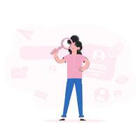 Girl in full growth holds a magnifying glass. Trend illustration. Good for apps, presentations and websites. Vector. vector