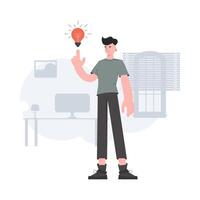 A man stands in full growth with a light bulb. Idea. Element for presentations, sites. vector