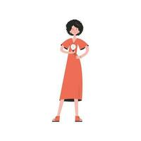 A woman stands in full growth and holds a light bulb. Isolated. Element for presentations, sites. vector