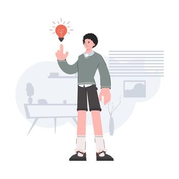 The guy stands in full growth with a light bulb. Idea. Element for presentations, sites vector