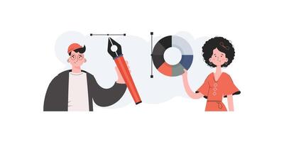 un hombre y un mujer estar con un cinturón y sostener un color paleta y bolígrafo herramienta. diseño. elemento para presentaciones, sitios vector