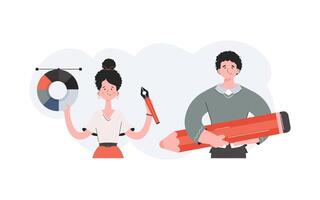 A man and a woman stand with a belt and hold a large pencil. Design. Element for presentations, sites. vector