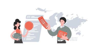 A man and a woman stand with a belt and hold a coin and a passport. Savings. Element for presentations, sites. vector