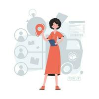 A woman stands in full growth and holds a location icon in her hands. Delivery. Element for presentations, sites. vector