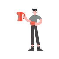 A man stands in full growth in his hands a cup and a coffee pot. Isolated. Element for presentations, sites. vector