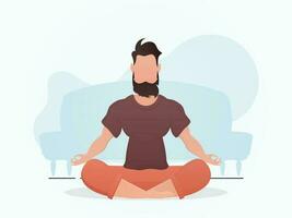 A guy with a strong physique sits meditating in the lotus position. Yoga. Cartoon style. vector