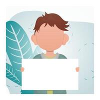 A little boy is holding a blank sheet in his hands. Place for text. Cartoon style. vector