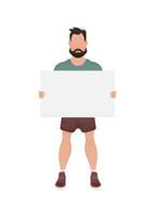 A guy of strong physique stands at full height and holds a blank sheet in his hands. Isolated. Cartoon style. vector