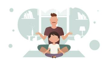 Dad and little son are sitting in the lotus position. Meditation. Cartoon style. vector