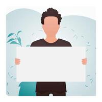 A man holds an empty banner in his hands. Place for your advertisement. Cartoon style. vector