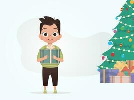 un pequeño chico es participación un regalo caja en su manos. Navidad. dibujos animados estilo. vector