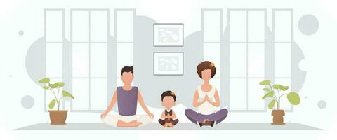 el familia es meditando en el habitación. yoga. dibujos animados estilo. vector