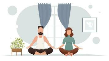 un hombre y un mujer son meditando en un habitación. meditación. dibujos animados estilo. vector