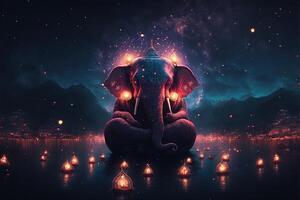 There are many galactic stars in the night sky of a huge massive GANESHA statue, with red lanterns rising in the sky, crowds watching the lantern festival. Ganesha Festival. photo