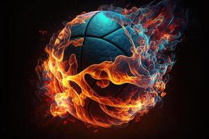 generativo ai de un brillante pelota ardiente en fuego en naranja llamas, dando apagado calor y fumar para competitivo baloncesto un visual representación de el Locura y emoción de el juego foto