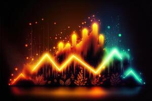 Business economic charts with light effects, neon. Abstract neon background, growth and fall analytics. Stock market trading investment candlestick graph. Finance and economy concept. photo