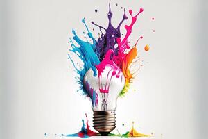 illustration of colorful bulb with splash of colors on white background. Creativity, eureka, imagination, inspiration. . Idea and solution concept photo