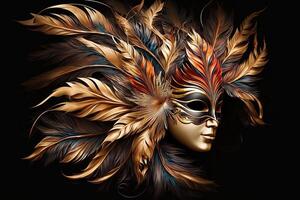 Venetian carnival mask. Gold color, colored feathers. Happy carnival festival, attributes of the Brazilian carnival. Venetian carnival mask and beads decoration. Mardi gras background. photo