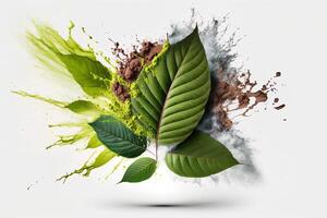 powder flavored explosion white background with kratom leafs mockup for matcha tea. photo